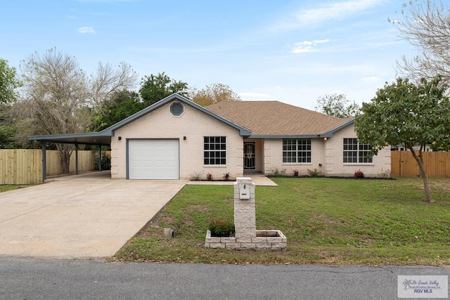 ranch-style house with a garage, a front yard, and a carport