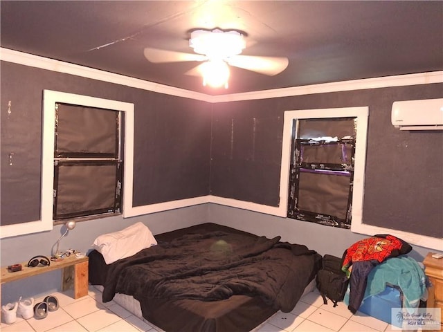 tiled bedroom with a wall unit AC, ceiling fan, and ornamental molding