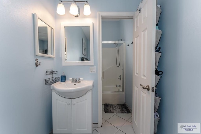 bathroom with tile patterned floors, vanity, and washtub / shower combination