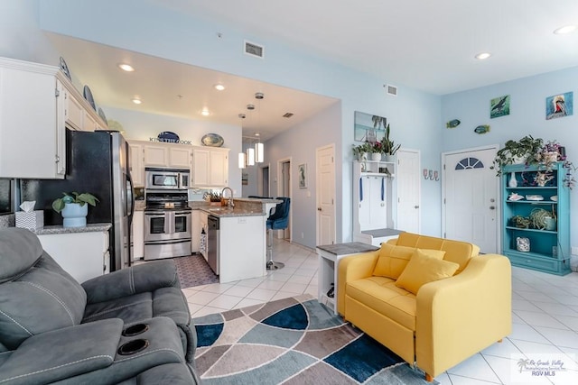 tiled living room with sink