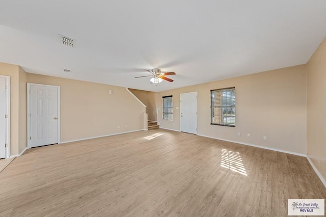 unfurnished living room with ceiling fan and light wood-type flooring