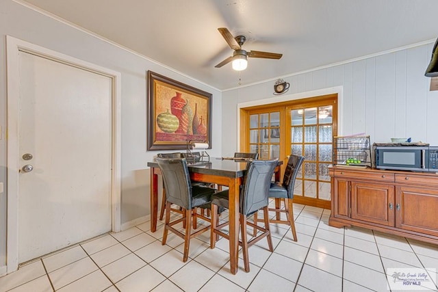 24 Ivy Ln, Brownsville, TX 78521 - dining room with crown molding, ceiling fan, light tile patterned flooring, and french doors