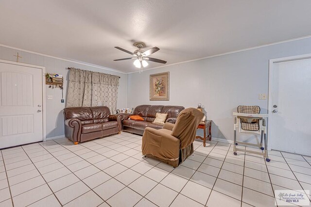24 Ivy Ln, Brownsville, TX 78521 - living room featuring crown molding, a ceiling fan, and light tile patterned flooring