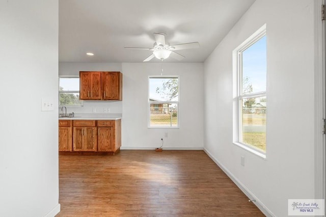 unfurnished dining area featuring sink, light hardwood / wood-style flooring, and ceiling fan