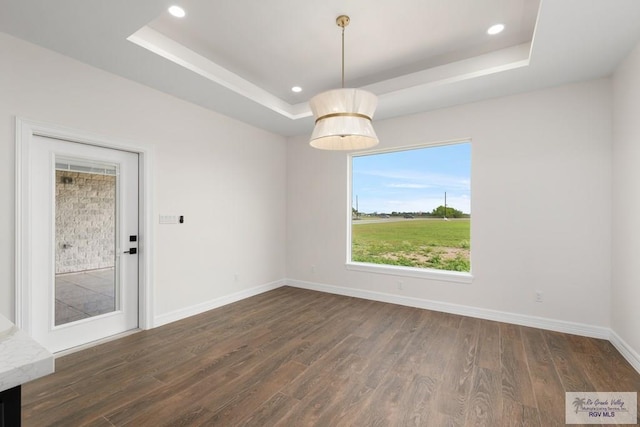 empty room featuring a raised ceiling and dark hardwood / wood-style flooring