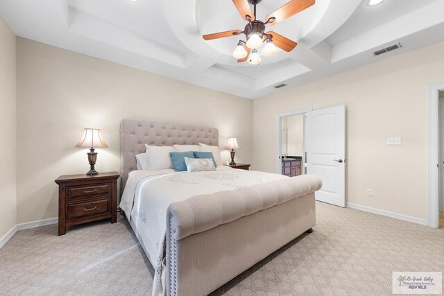 carpeted bedroom featuring ceiling fan and coffered ceiling