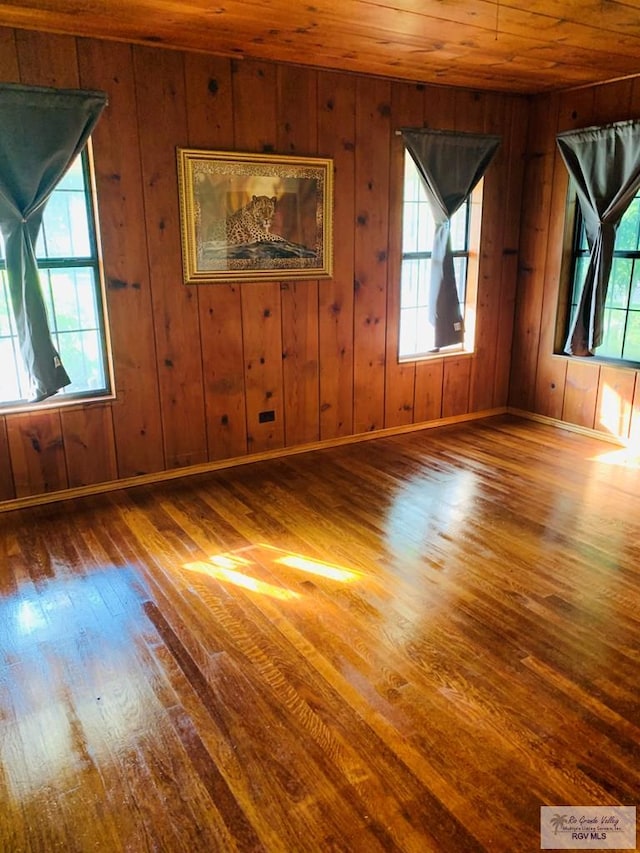 unfurnished room featuring hardwood / wood-style floors, wooden ceiling, and a wealth of natural light