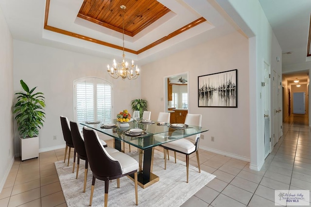 tiled dining room featuring a raised ceiling, crown molding, wooden ceiling, and ceiling fan with notable chandelier