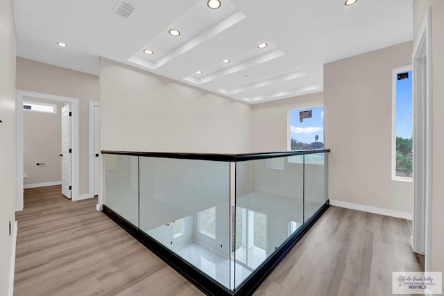 hall with light hardwood / wood-style floors and a tray ceiling