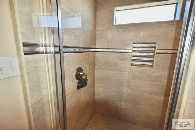 bathroom with a shower with shower door