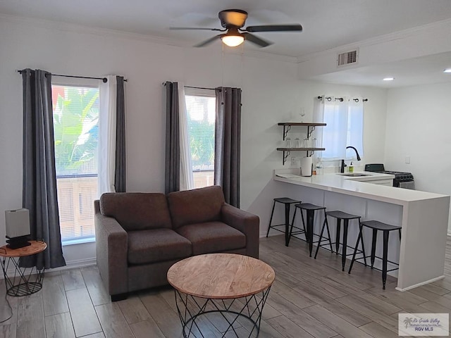 126 E Esperanza St Unit 101, South Padre Island, TX 78597 - living room with light wood-style flooring, a ceiling fan, ornamental molding, and healthy amount of natural light