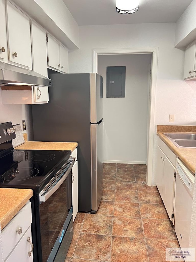 kitchen featuring white dishwasher, sink, white cabinets, electric panel, and stainless steel range with electric cooktop