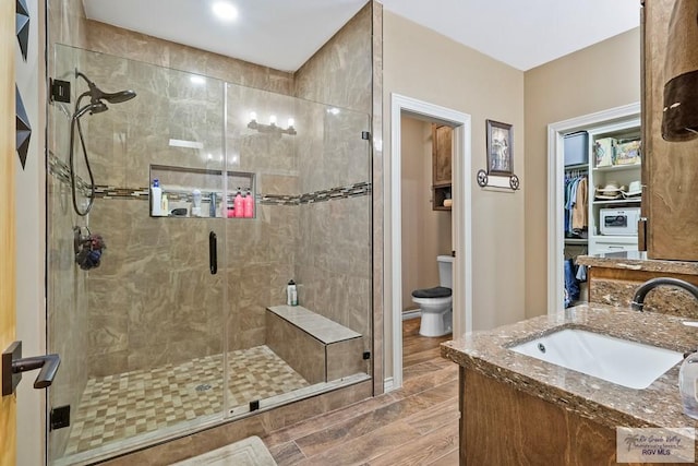 bathroom featuring vanity, toilet, and a shower with door