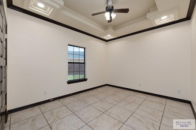 6705 Stone Oak Dr, Brownsville, TX 78526 - spare room with a tray ceiling, ceiling fan, baseboards, and crown molding
