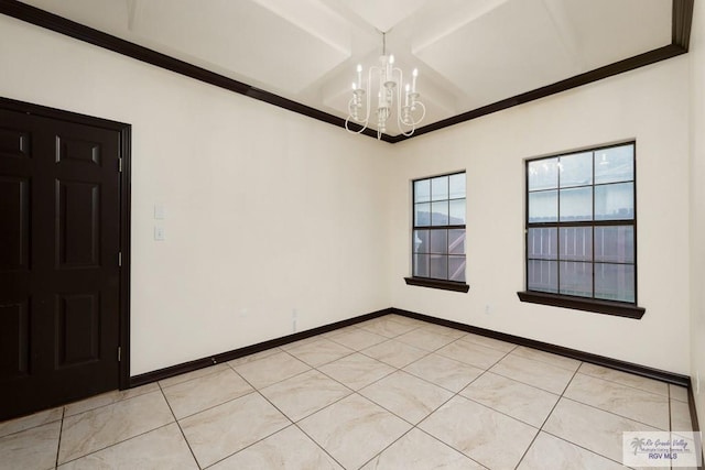 6705 Stone Oak Dr, Brownsville, TX 78526 - empty room featuring a chandelier, baseboards, coffered ceiling, crown molding, and light tile patterned flooring