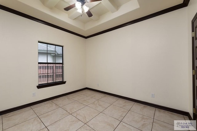 6705 Stone Oak Dr, Brownsville, TX 78526 - spare room with a tray ceiling, ceiling fan, light tile patterned flooring, ornamental molding, and baseboards