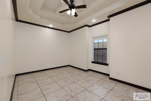 6705 Stone Oak Dr, Brownsville, TX 78526 - empty room featuring ceiling fan, a tray ceiling, crown molding, baseboards, and recessed lighting