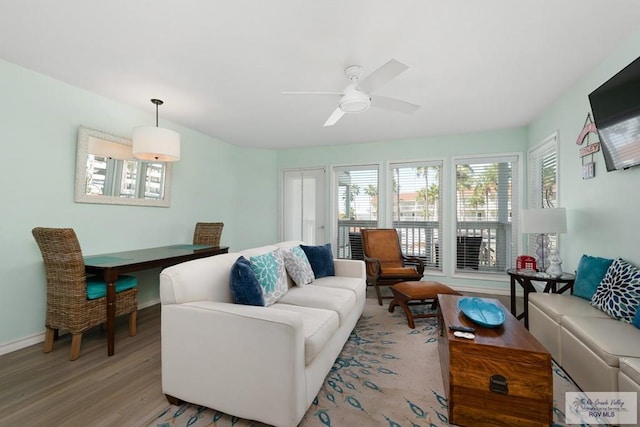 living room featuring ceiling fan and light hardwood / wood-style floors