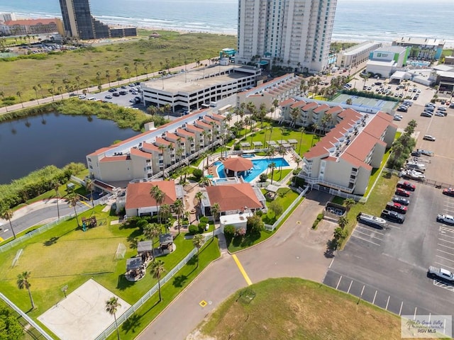 birds eye view of property featuring a water view