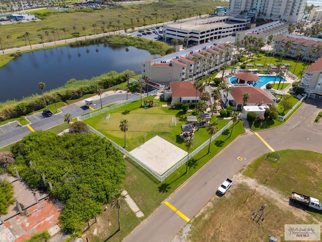 drone / aerial view with a water view