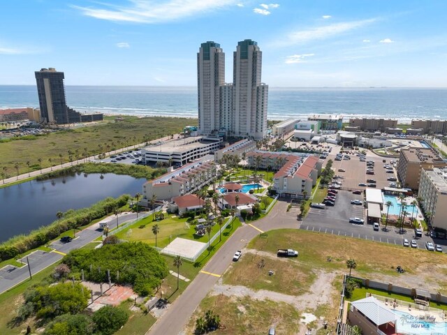 bird's eye view with a water view