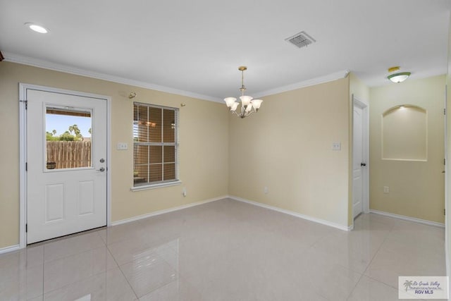 unfurnished dining area featuring crown molding, light tile patterned floors, and a notable chandelier