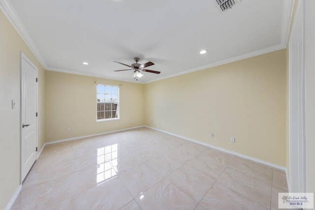 unfurnished room featuring ceiling fan and ornamental molding