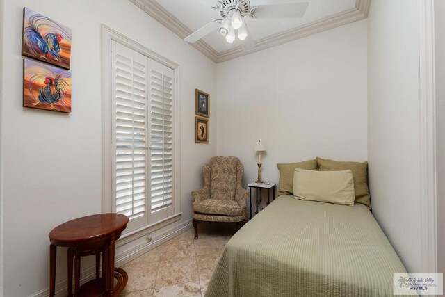 bedroom featuring ceiling fan and crown molding