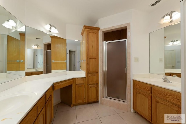 bathroom featuring tile patterned flooring, vanity, and a shower with shower door