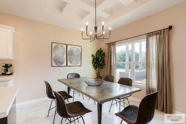 dining room featuring beam ceiling, a chandelier, and coffered ceiling