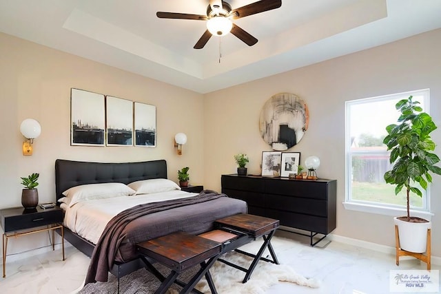 bedroom with a raised ceiling and ceiling fan