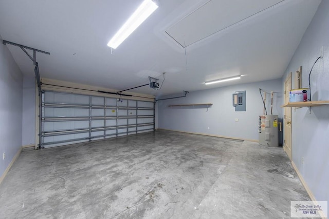 garage featuring electric panel, baseboards, a garage door opener, and electric water heater