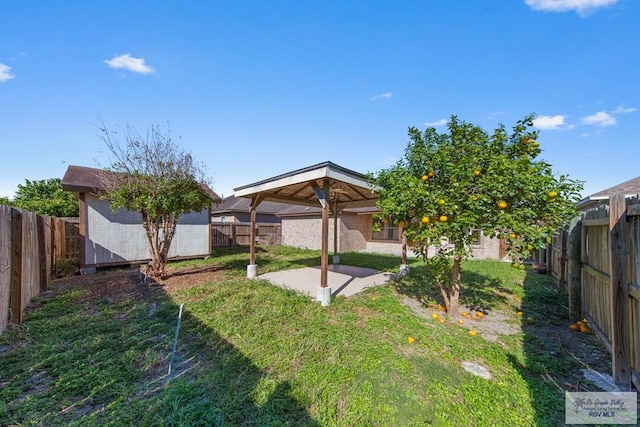 view of yard with a patio, a gazebo, and a fenced backyard