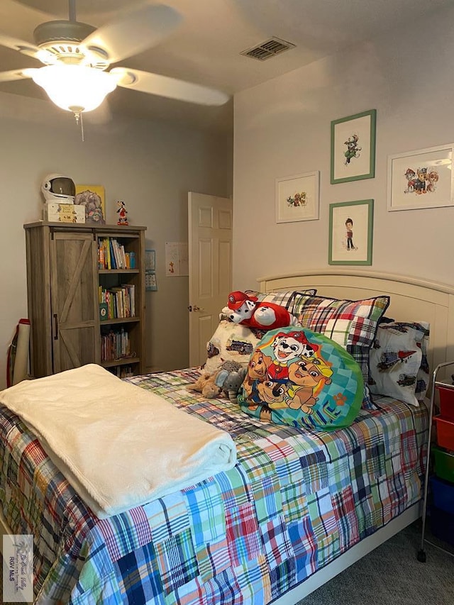 bedroom featuring carpet flooring and ceiling fan