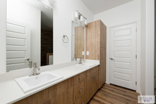 bathroom with hardwood / wood-style flooring and vanity