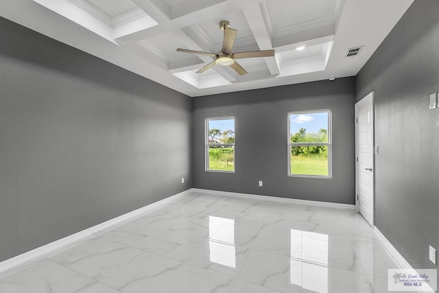 empty room with ceiling fan, coffered ceiling, and beamed ceiling