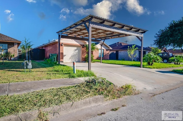 view of parking / parking lot featuring a garage, a carport, and a lawn