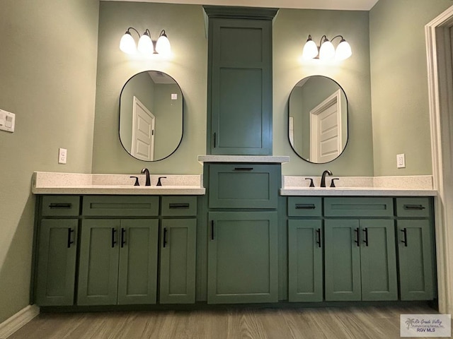 bathroom with vanity and wood-type flooring