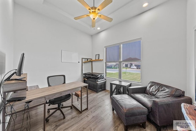 office area featuring recessed lighting, wood finished floors, and a ceiling fan