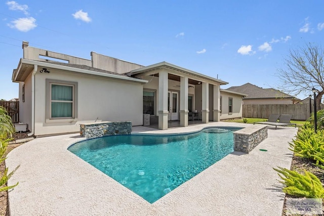 view of pool with a fenced backyard, ceiling fan, a patio, and a fenced in pool