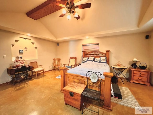 bedroom with ceiling fan and lofted ceiling