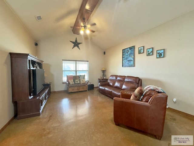 living room featuring high vaulted ceiling and ceiling fan