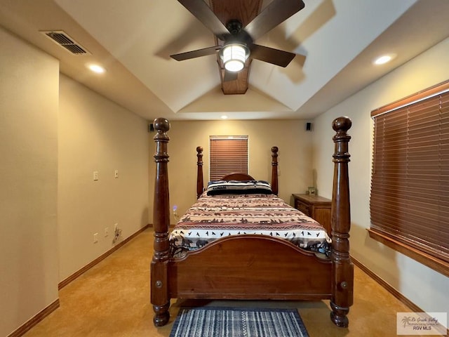 bedroom featuring light carpet, ceiling fan, and lofted ceiling