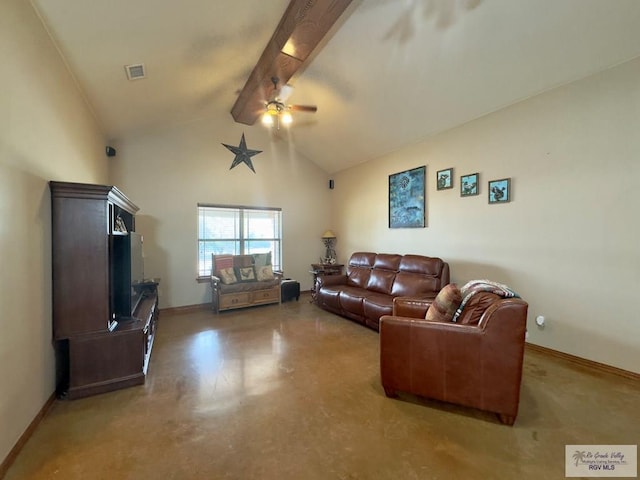 living room featuring ceiling fan, beam ceiling, high vaulted ceiling, and concrete floors