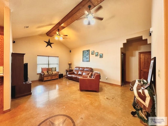 living room featuring vaulted ceiling with beams and ceiling fan