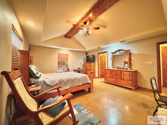 bedroom featuring vaulted ceiling with beams and ceiling fan