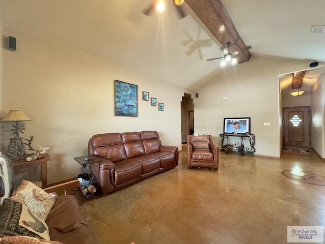living room with concrete flooring, lofted ceiling with beams, and ceiling fan