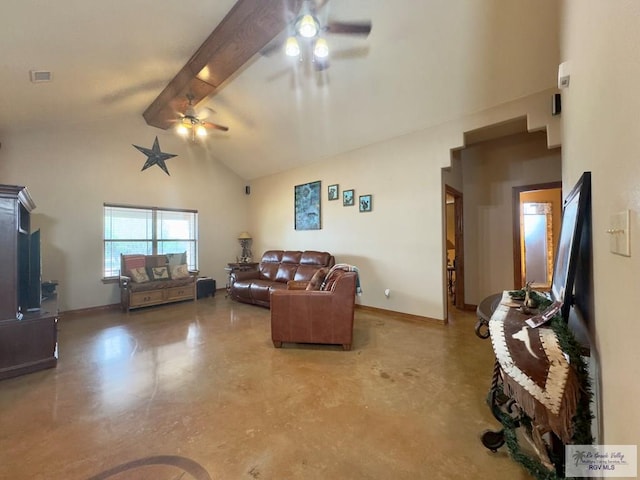 living room featuring beam ceiling, ceiling fan, and high vaulted ceiling
