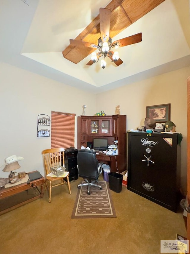office space featuring light carpet and ceiling fan