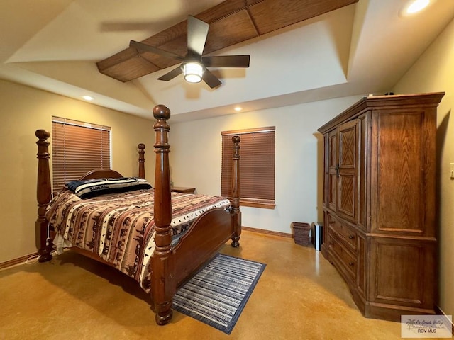 bedroom with ceiling fan and light colored carpet